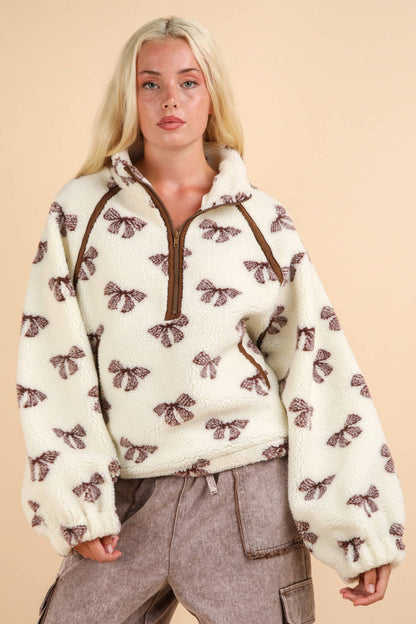 Teddy Sherpa Bow Half Zip Pullover- Plus Size