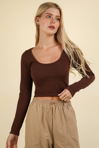 Comfy Fitted Crop Knit Top: Chocolate