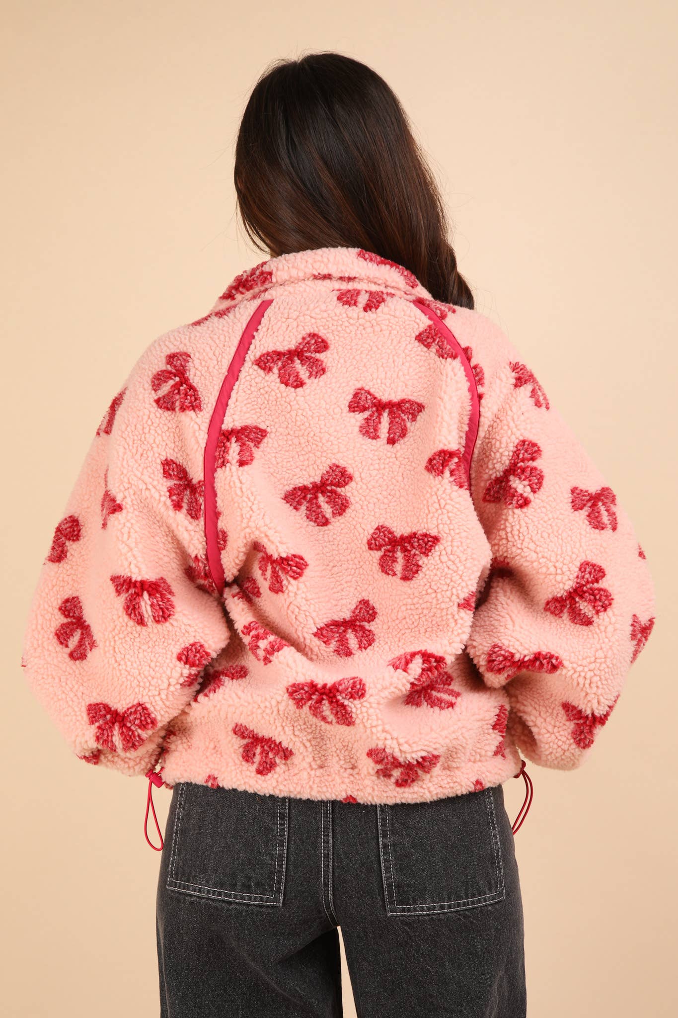 Teddy Sherpa Half Zip Pullover - Pink Bow