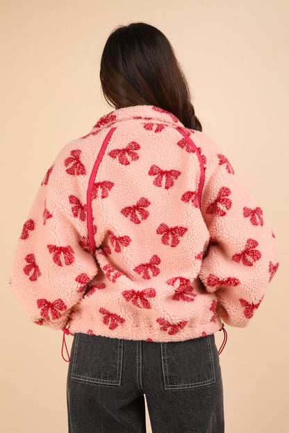 Teddy Sherpa Half Zip Pullover - Pink Bow