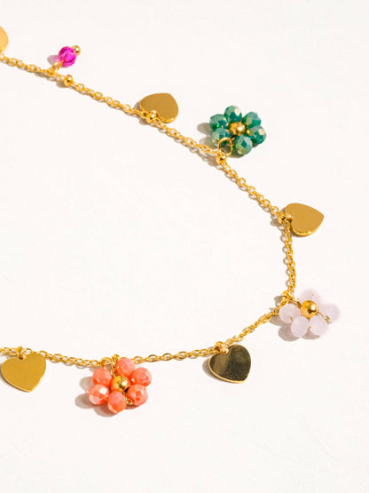 Melvin 18K Gold Non-Tarnish Flower & Hearts Necklace: Multi-Colored