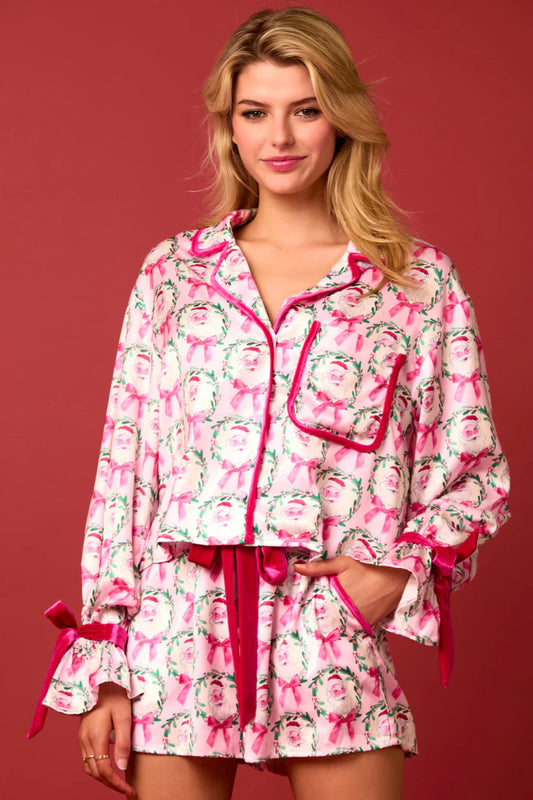 Satin Santa & Bow Prints Pajama Set