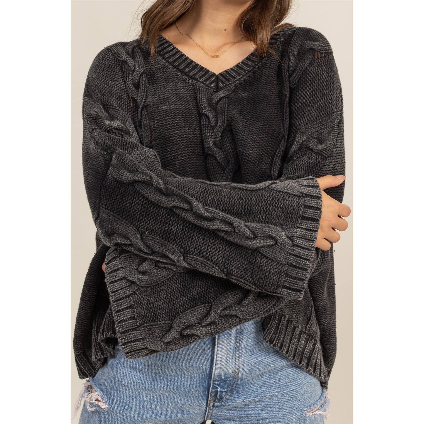 Cable Knit Oversized Sweater: Charcoal