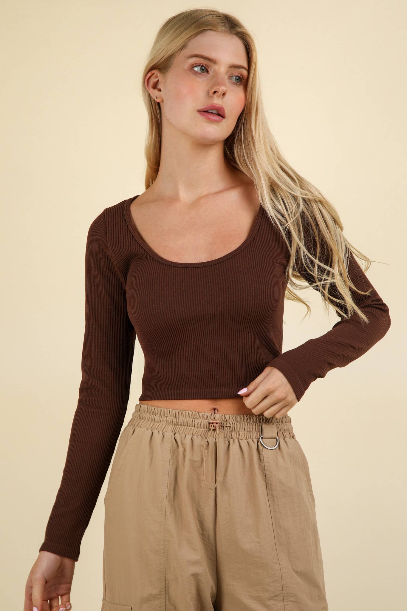 Comfy Fitted Crop Knit Top: Chocolate - Rose & Olivia Boutique