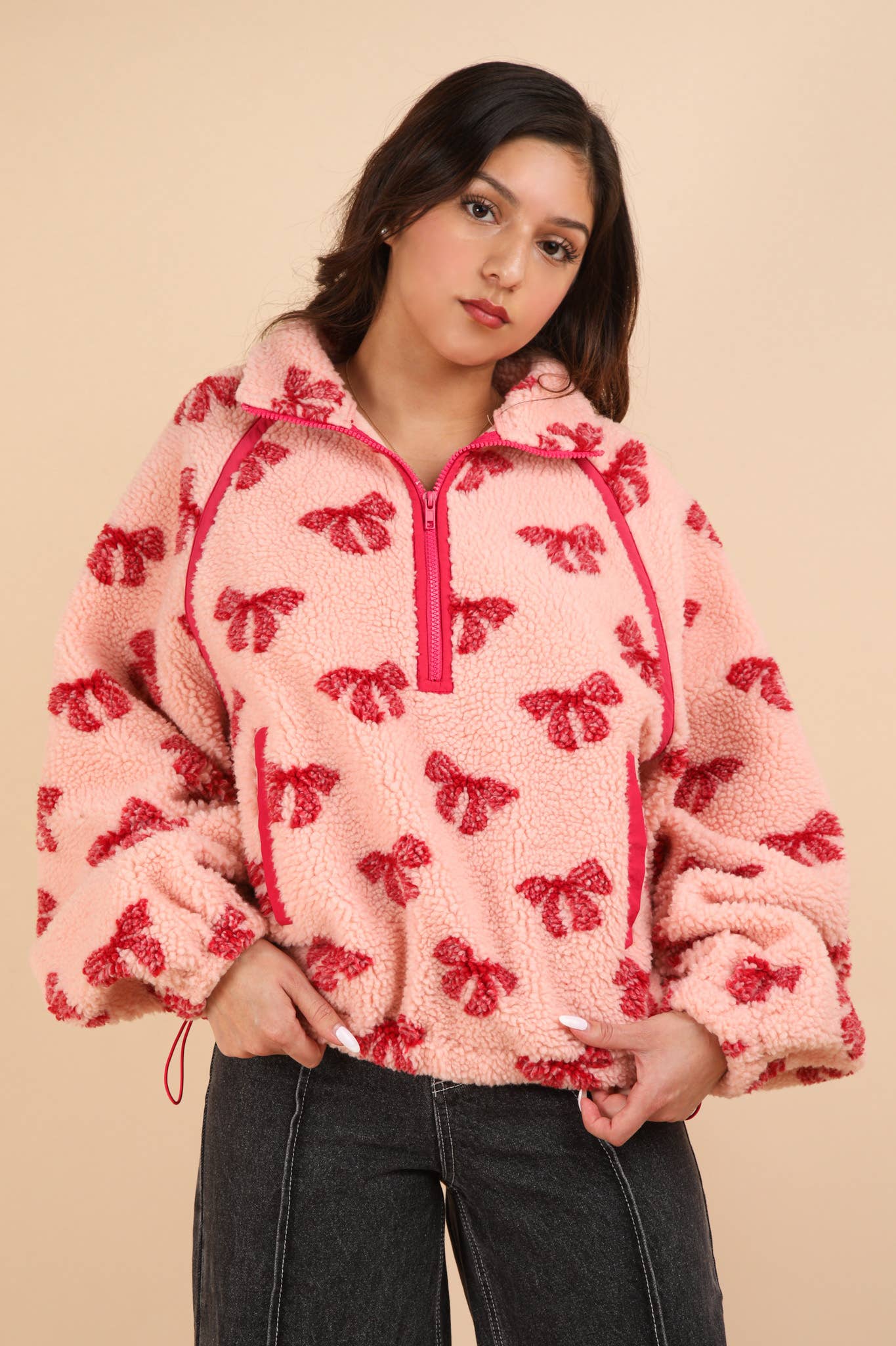 Teddy Sherpa Half Zip Pullover - Pink Bow