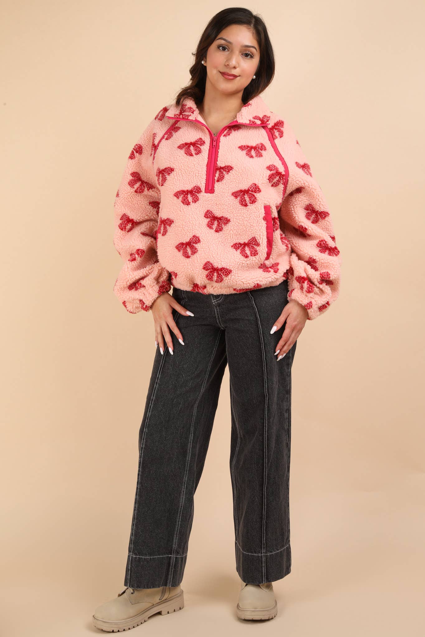 Teddy Sherpa Half Zip Pullover - Pink Bow