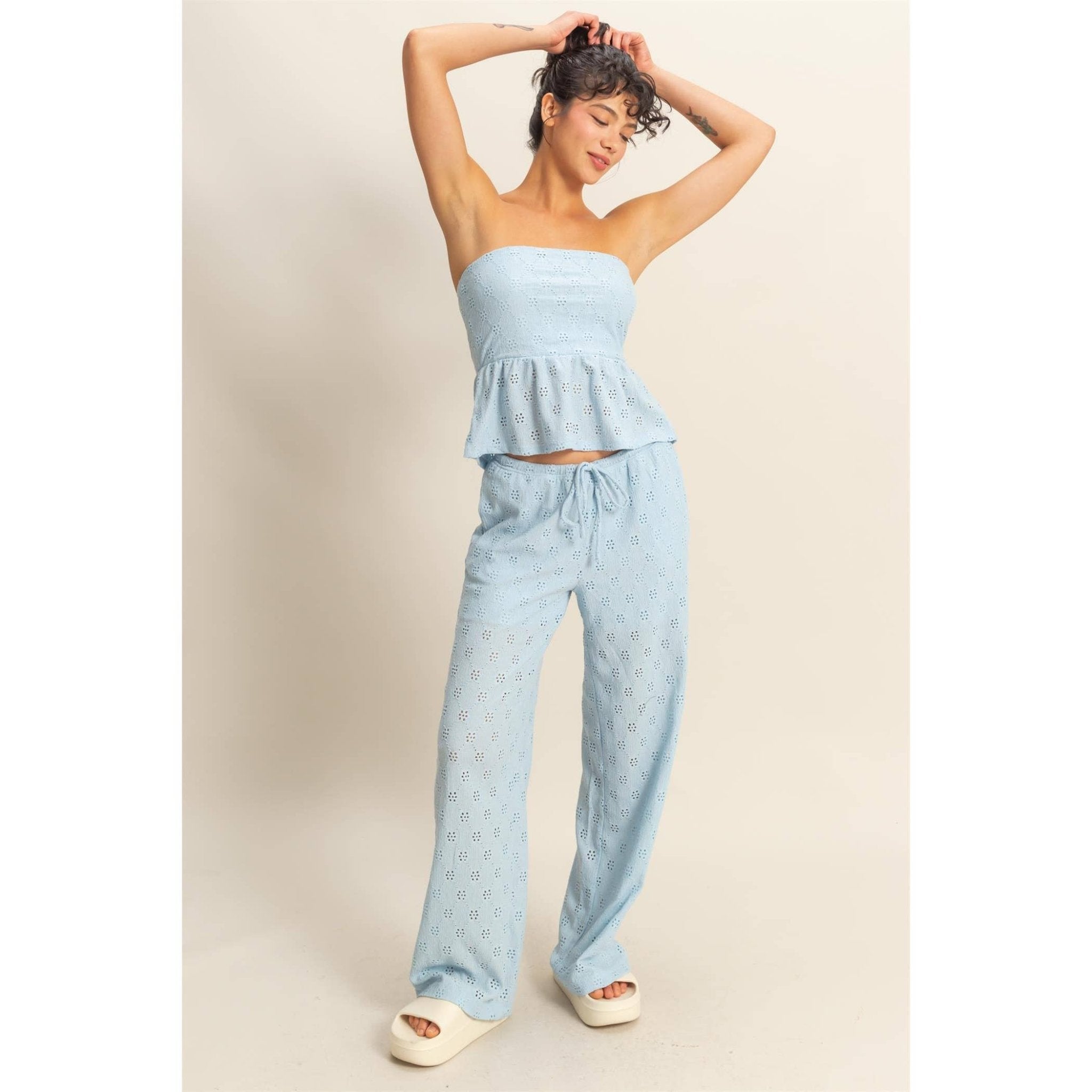 Eyelet Knit High Waist Drawstring Pants - Rose & Olivia Boutique
