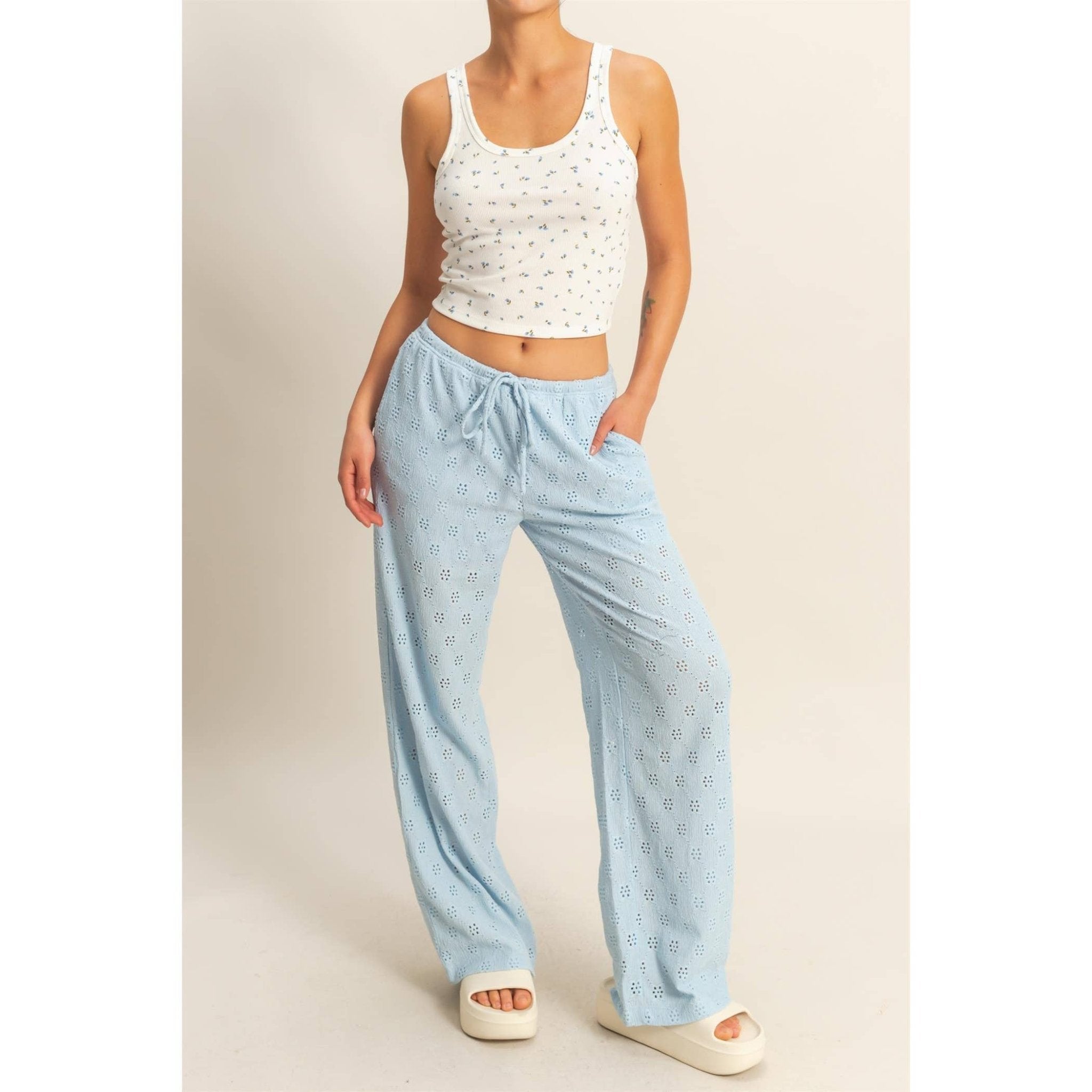 Eyelet Knit High Waist Drawstring Pants - Rose & Olivia Boutique