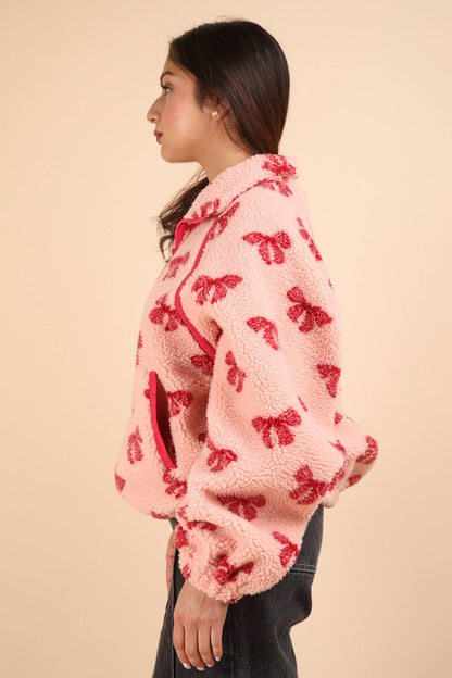 Teddy Sherpa Half Zip Pullover - Pink Bow