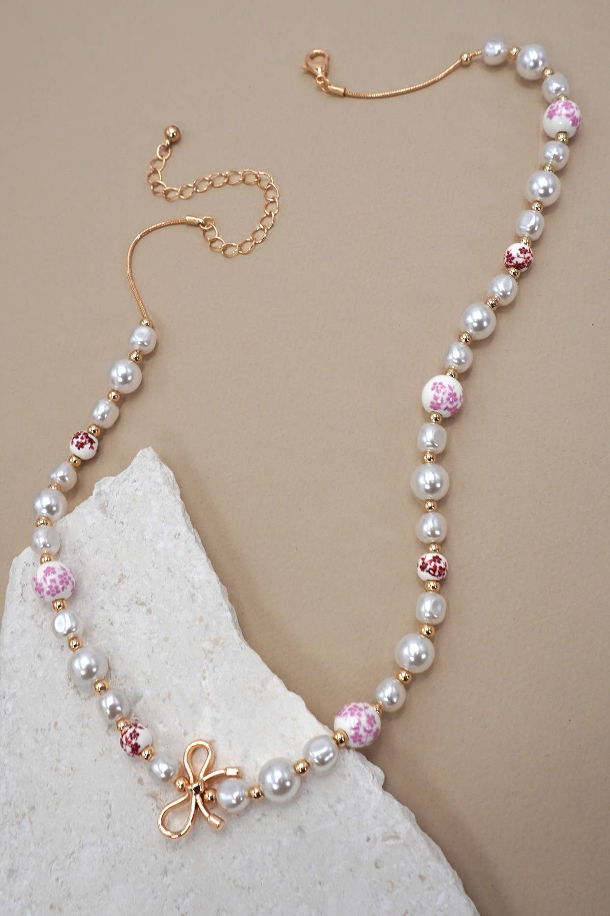 PINK CERAMIC PORCELAIN PEARL BOW NECKLACE - Rose & Olivia Boutique