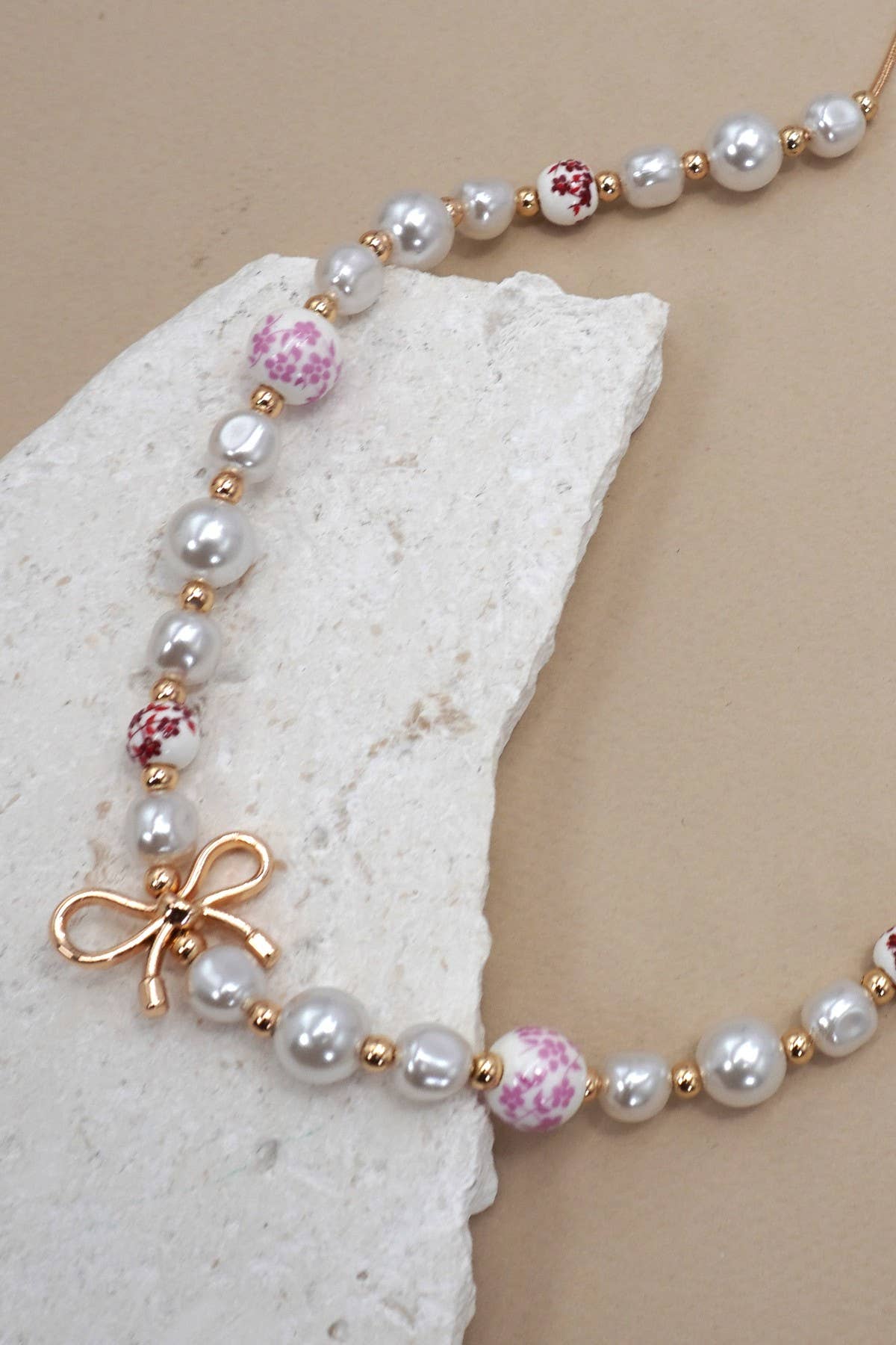 PINK CERAMIC PORCELAIN PEARL BOW NECKLACE - Rose & Olivia Boutique