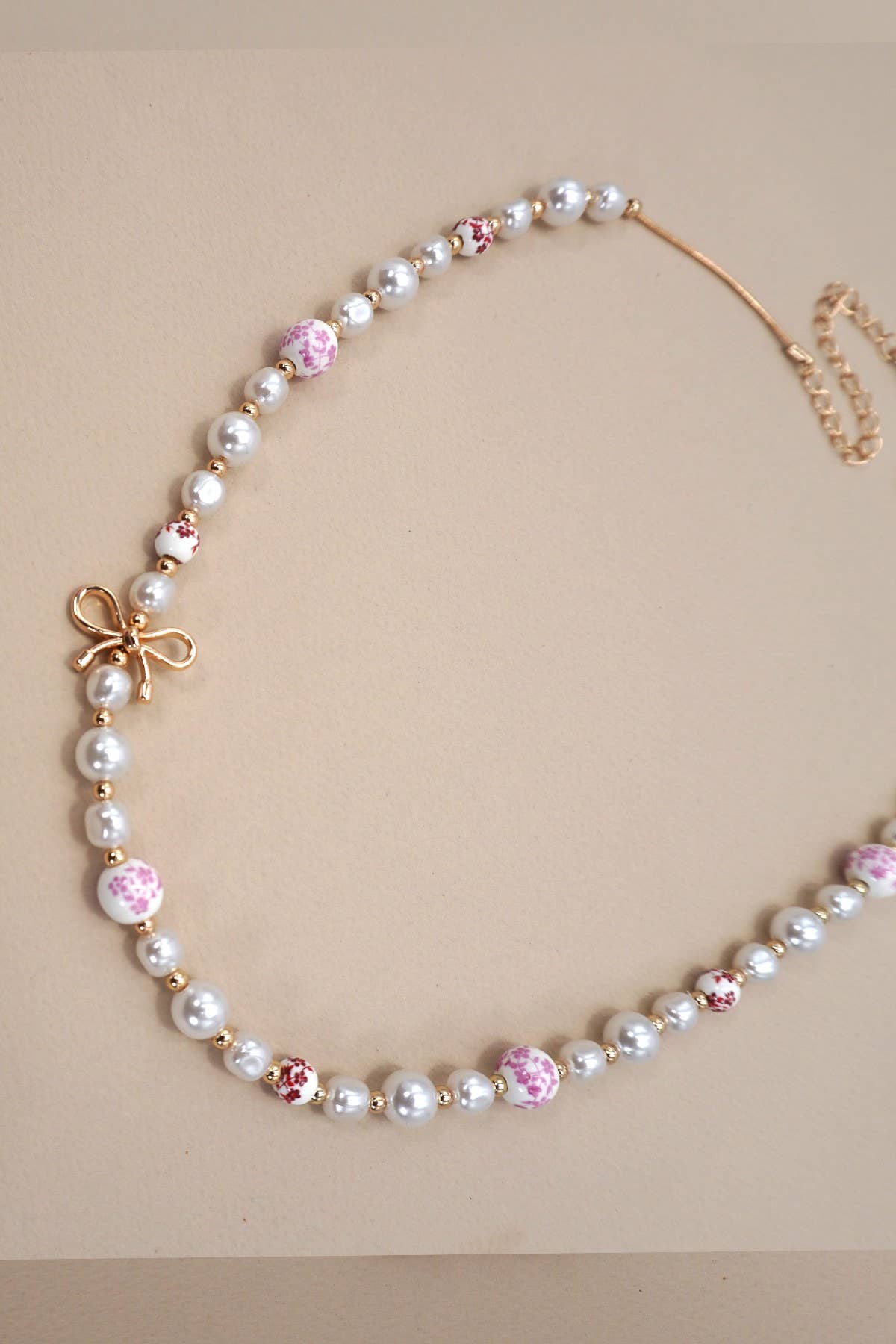 PINK CERAMIC PORCELAIN PEARL BOW NECKLACE - Rose & Olivia Boutique