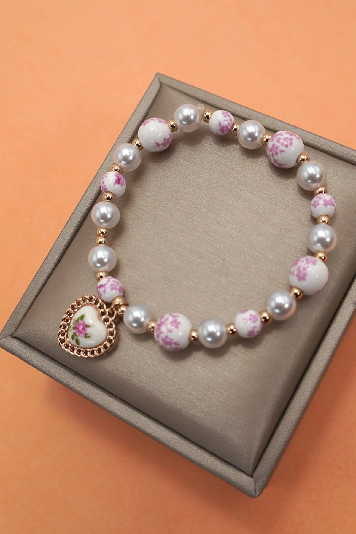 PINK CERAMIC PORCELAIN PEARL MIX HEART BRACELET - Rose & Olivia Boutique