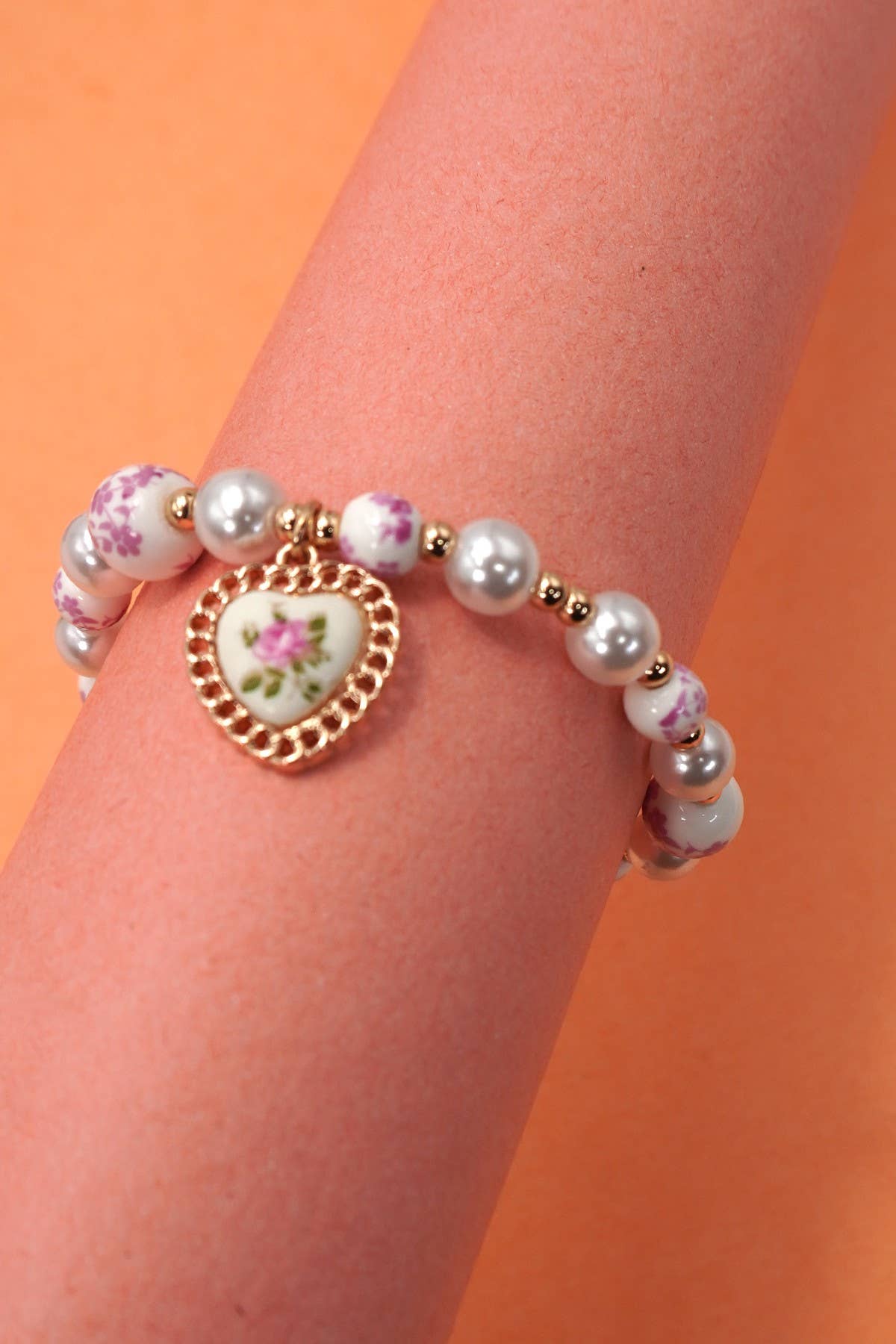 PINK CERAMIC PORCELAIN PEARL MIX HEART BRACELET - Rose & Olivia Boutique
