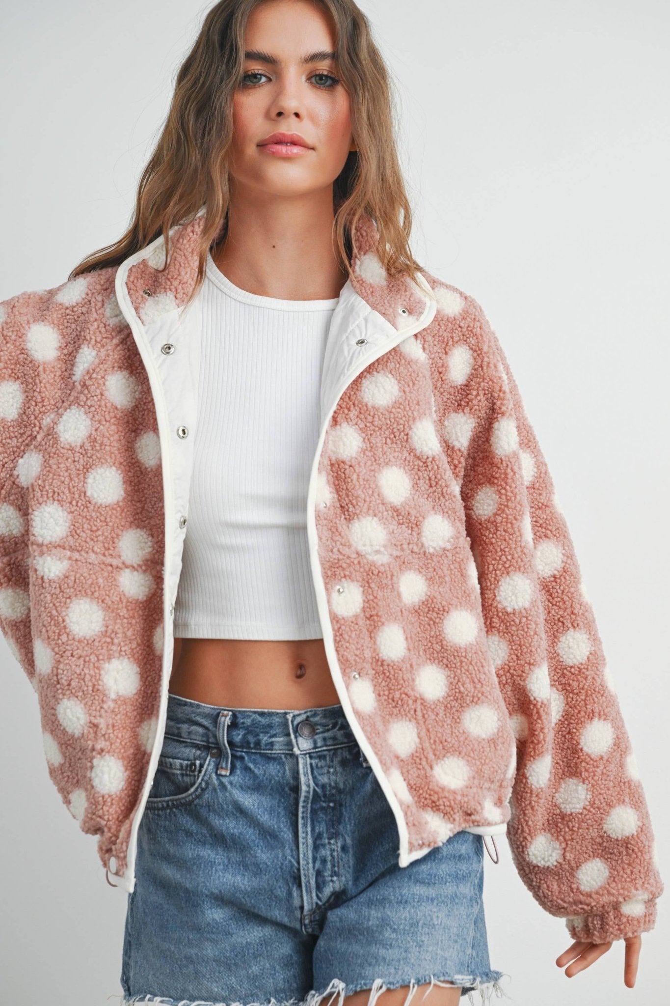Polka Dot Button Down Jacket - Mauve - Rose & Olivia Boutique